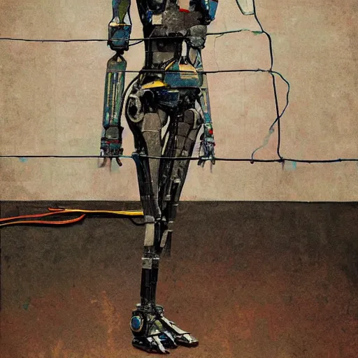 Prompt: a beautiful painting of half of a robot angel torso hung by wires by Norman Rockwell, trending on artstation | Glitched art cubes