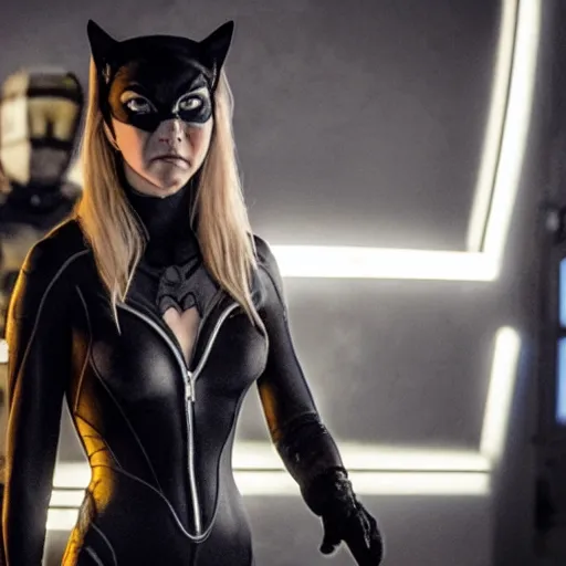 Image similar to a older anya taylor - joy as cat woman unzipping her jumpsuit, 8 k resolution hyperdetailed photo realistic, extremely high quality and life like