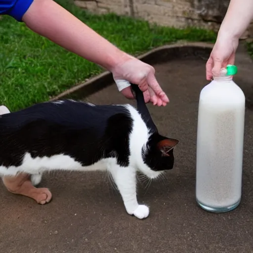 Image similar to human giving milk bottle to a cat