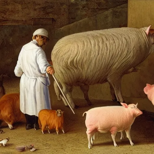 Image similar to butcher feeding a cat, while being watched by a pig, a sheep, a chicken and a cow