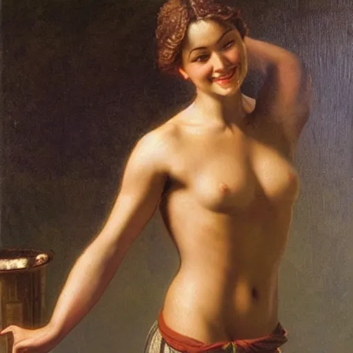 Image similar to a short young genie, with spikey short brown hair, brown skin, abs, a confident smile, emerging from her lamp and flexing her bicep, award winning painting by edward poynter