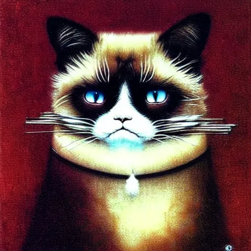 Image similar to cute chthonic fluffy grumpy cat by Ayami Kojima, Beksinski, Giger