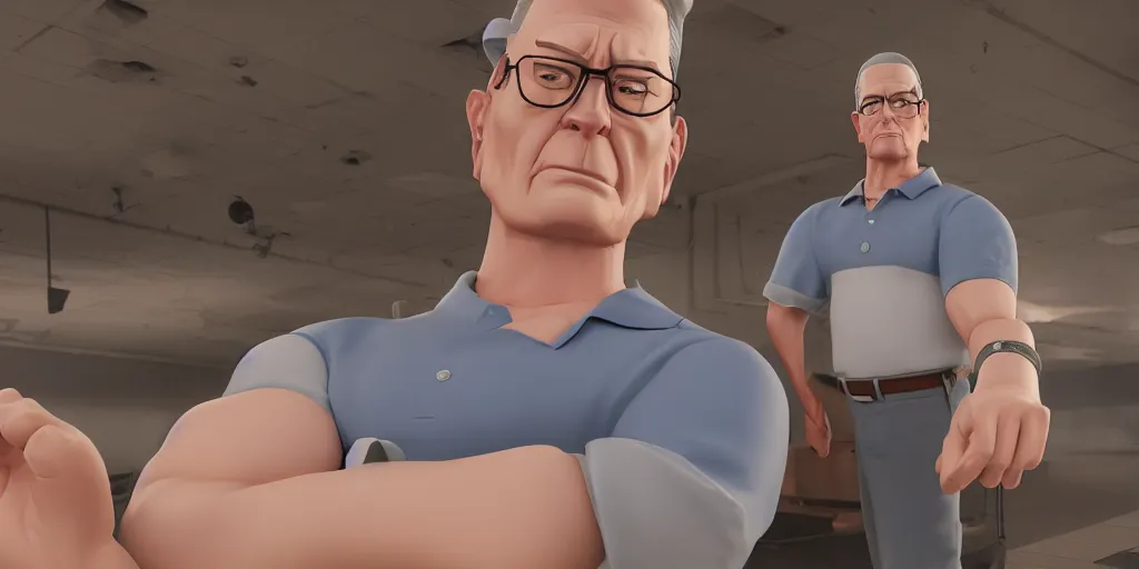 Prompt: hank hill from king of the hill, hyperrealistic, concept art, octane render, unreal engine 5, trending on Artstation, high quality, 8K, dramatic lighting, cinematic, high coherence, highly detailed, Midjourney style, epic scene, path traced, low contrast, complementary colors