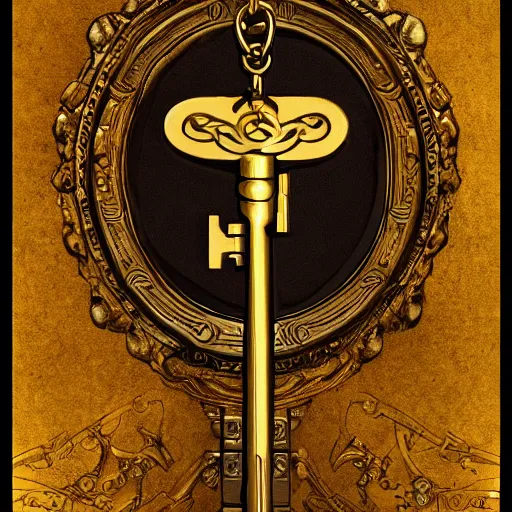 Image similar to medium shot, golden key, fantasy illustration, medieval era, blank background, studio lighting, hand - drawn digital art, 4 k, trending on artstation