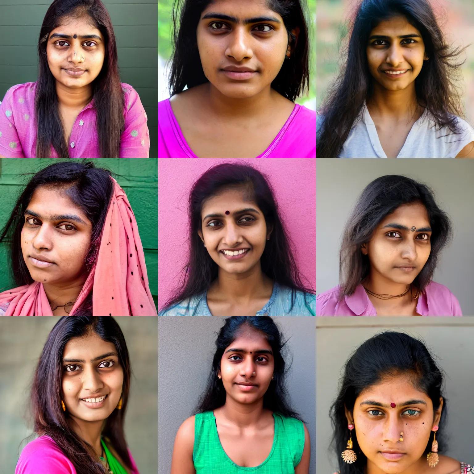 Prompt: Headshot of a young adult Indian woman wearing a pink shirt and has shoulder length hair, green eyes, tan skin, and freckles