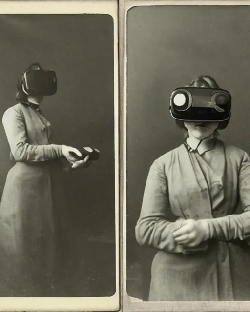 Prompt: 1 9 0 0 s photo of a person wearing a vr virtual reality headset photo grain double scratches dust exposure masterpiece