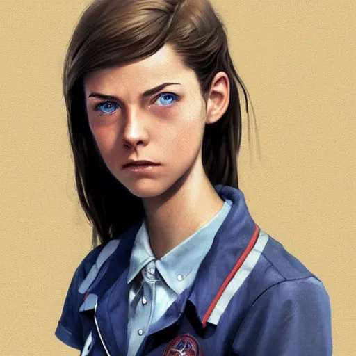 Image similar to portrait of a brunette thin teenager girl with blue eyes wearing school uniform in fallout, light stubble, digital art,photorealistoc,art by greg rutkowski,hyperdetailed,western comic style,comic,comic style,sharp lineart,professional lighting,deviantart,artstation,trevor henderson,rossdtaws,cinematic,dramatic