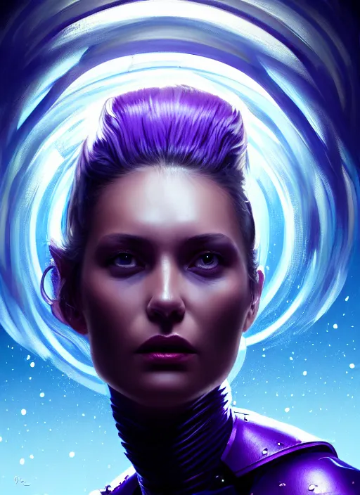 Image similar to top down lighting, extreme close up, stunning portrait of a woman in purple leather future armor with a long black ponytail, with space and stars around her, spaceship hallway, intricate, mood lighting, highly detailed, digital painting, artstation, concept art, smooth, sharp focus, illustration, art by wlop, mars ravelo and greg rutkowski