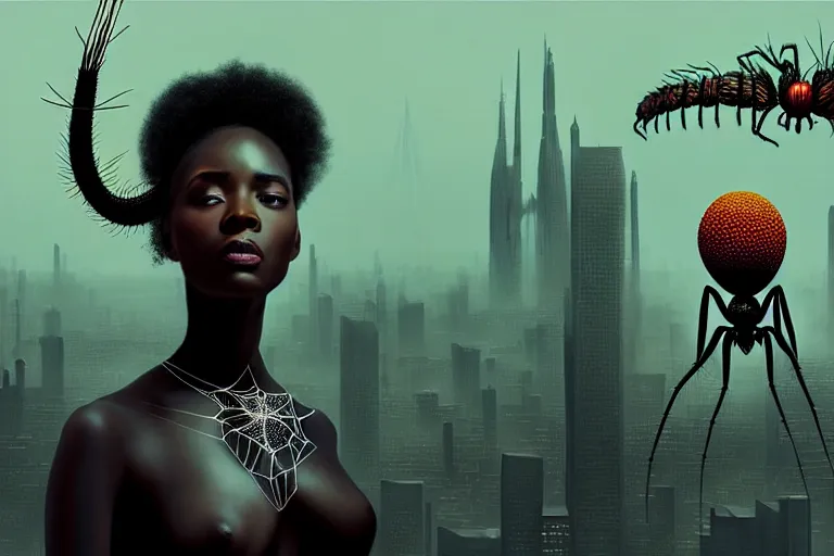 Image similar to realistic detailed photorealistic portrait movie shot of a beautiful black woman with a giant spider, dystopian city landscape background by denis villeneuve, amano, yves tanguy, alphonse mucha, ernst haeckel, david lynch, edward robert hughes, roger dean, cyber necklace, rich moody colours, cyber patterns, wide angle