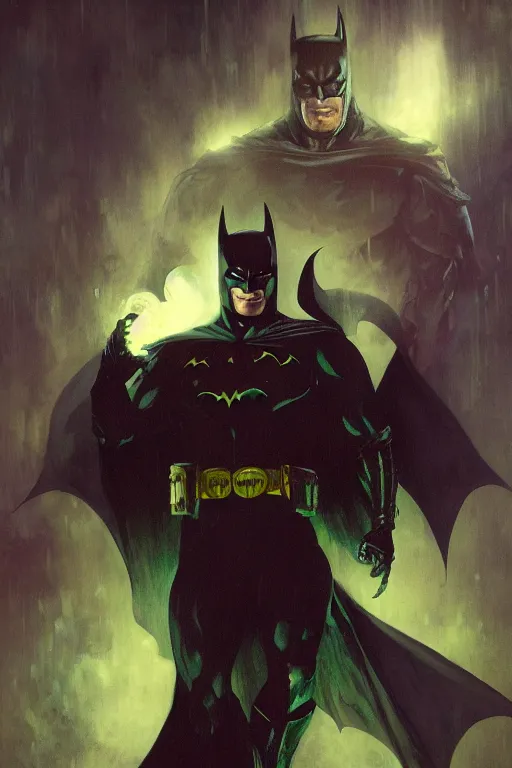 Image similar to angry batman, with dark ghost smokes around, green scary lights, dark fantasy color scheme, gaston bussiere, craig mullins, j. c. leyendecker, cinematic, mysterious, artgem, unreal engine