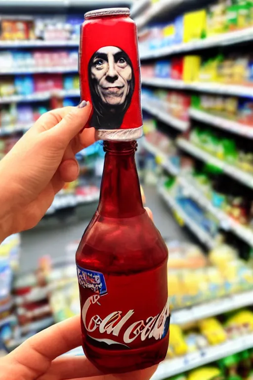 Prompt: a hand holding a glass bottle of cola with iggy pop's face on the label, inside a supermarket