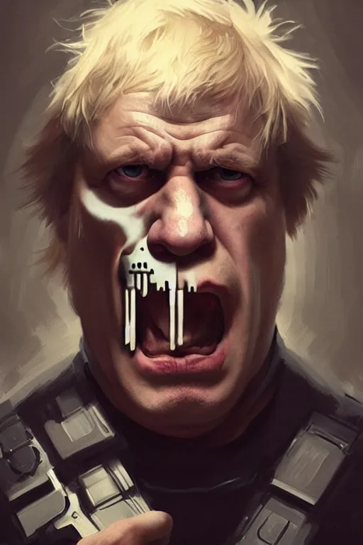 Image similar to angry Boris Johnson as Punisher, portrait, highly detailed, digital painting, artstation, concept art, smooth, sharp focus, illustration, cinematic lighting, art by artgerm and greg rutkowski and alphonse mucha