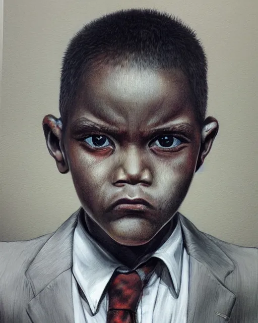 Image similar to portrait of a 7 year old child gang leader, gritty, wearing a suit, smoking, criminal, very detailed eyes, hyperrealistic, very detailed painting by Glenn Fabry, by Joao Ruas, by Artgerm