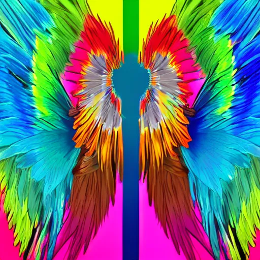 Image similar to spear of feathered wings, prismatic, multi colored feathers, anime style, white background