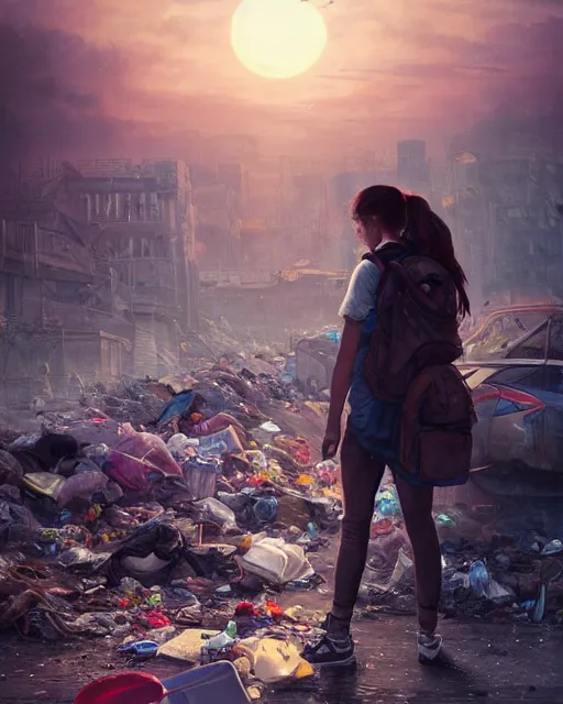 Image similar to poor detailed girl with backpack standing at cars looking for food at garbage dump, destroyed cars, city is pure wasteland, moody sunset in background, high details, photorealism, cinematic, greg rutkowski, alphonse mucha, trending on artstation, artgerm, unreal engine, breathtaking, award winning, highly detailed