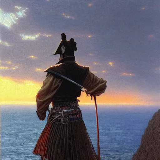 Prompt: a samurai looking into the horizon on a cliff, golden hour, dramatic lighting, fluid, smooth, bright, colours, high contrast, sharpness, very detailed, intricate, by donato giancola, gustave dore and junji ito