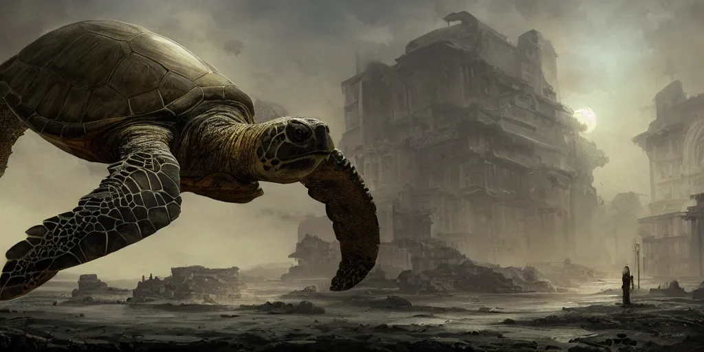 Image similar to huge ancient turtle with an abandoned city on its back, greg rutkowski, 8 k, shallow depth of field, intricate detail, concept art,