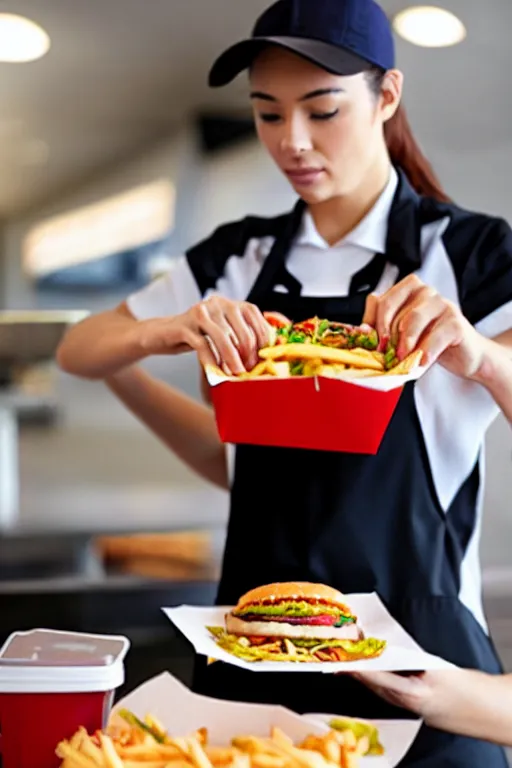 Image similar to an fast food worker working take out on a busy day