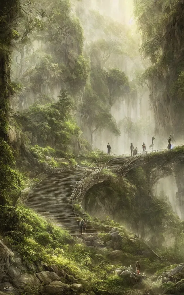 Prompt: the journey of life, each stage is a step in a stairway, detailed, 4 k, octane, a person walking up a set of stairs in the woods, a detailed matte painting by huang ding, cgsociety, fantasy art, mystical, made of mist, matte painting