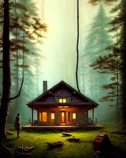 Image similar to a hyper - detailed 3 d render like an oil painting of cabin in the woods floating inside our own consciousness!!!!! surreal concept art, lifelike, photorealistic, digital painting, aesthetic, smooth, sharp focus, artstation hd, by greg rutkowski, bruce pennington, valentina remenar, rhads, asher duran,