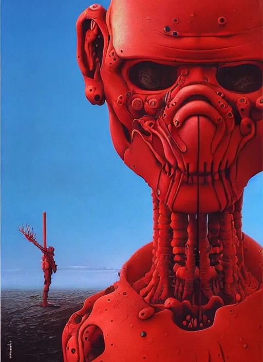 Prompt: hyper realistic end of the world by zdzisław beksinski and norman rockwell and greg rutkowskiweta studio, a red cyborg samurai, tokio futuristic in background, and lucasfilm, realm of the ovarian machine, horror art, blue and red hour