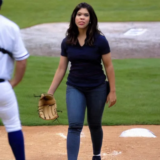 Prompt: America Ferrera playing baseball