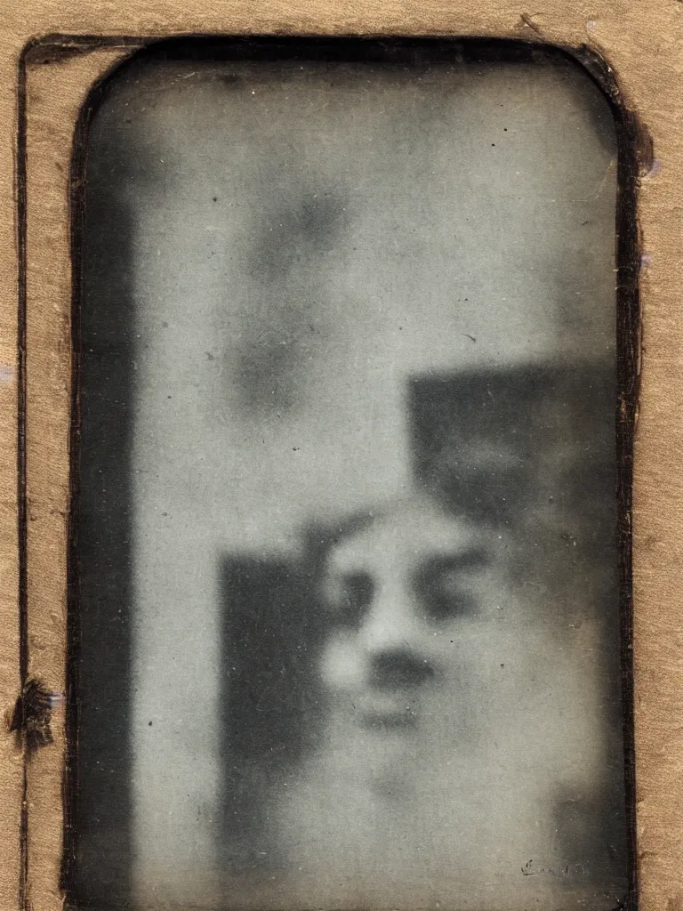 Image similar to a tintype photograph. the face of a ghost in the window of a house, next to the front door