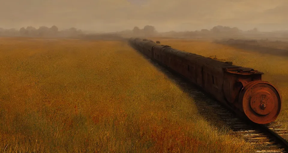 Image similar to rusty old railroad, in the steppe, autumn field, misty background, from the game pathologic 2, highly detailed, sharp focus, matte painting, by isaac levitan and asher brown durand,