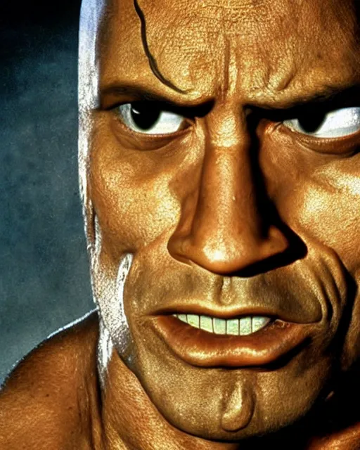 Prompt: film still close - up shot of dwayne johnson as stanley ipkiss from the movie the mask. photographic, photography