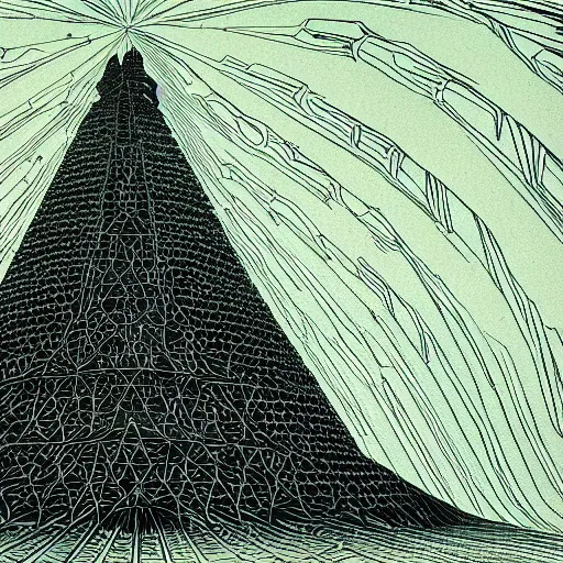 Prompt: black paper + Tower of Babel, A mighty city and a tower with its top in the heaven illustration designed by Katsuya Terada and Sean Andrew Murray + psychedelic black light style + symmetry + greco-roman art, intricate ink illustration, intricate complexity, epic composition, magical atmosphere + occult propaganda + dread, fear + wide long shot, wide angle + masterpiece,