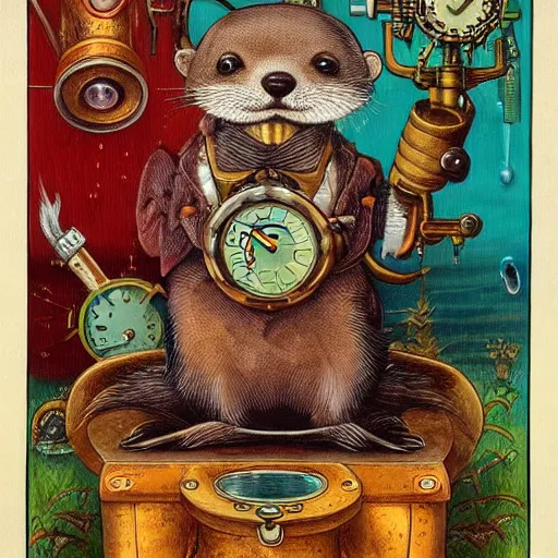 Image similar to a steampunk otter inventor, fantasy illustration, Louis William Wain