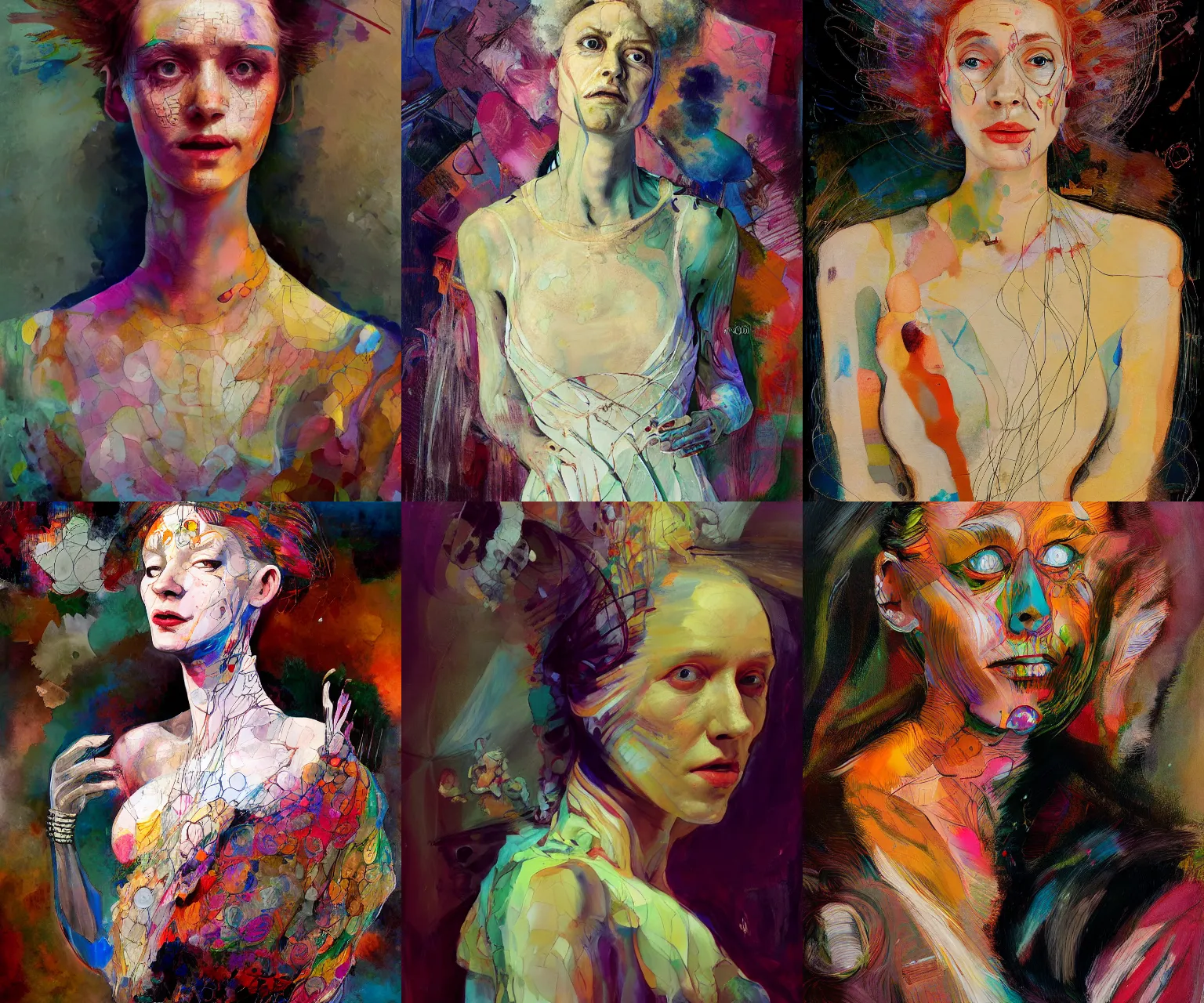 Prompt: portrait of a woman in a dress, in the style of disco elysium, expressionism, artstation, trending, by aleksander rostov, jenny saville, rembrandt, alex kanevsky, wassily kandinsky, dave mckean, yoshitaka amano