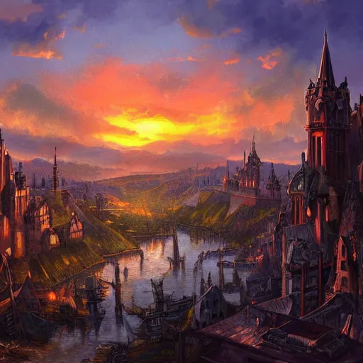 Prompt: medieval fantasy cityscape, landscape view, detailed beautiful painting, HD, sunset