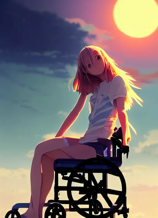 Prompt: side portrait of cute girl, sunset sky in background, beach landscape, illustration concept art anime key visual trending pixiv fanbox by wlop and greg rutkowski and makoto shinkai and studio ghibli and kyoto animation, futuristic wheelchair, symmetrical facial features, future clothing, volumetric lighting, backlit