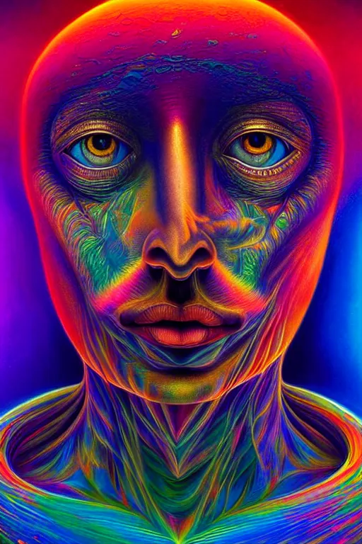 Image similar to hyperrealistic abstract close-up portrait Renaissance psychedelic!! celestial happy! pure creature!! peaceful! kind spirit of nature! beautiful fractal eyes! highly detailed concept art eric zener elson peter cinematic hard rainbow lighting high angle hd 8k sharp shallow depth of field, inspired by Zdzisław Beksiński Salvador Dali