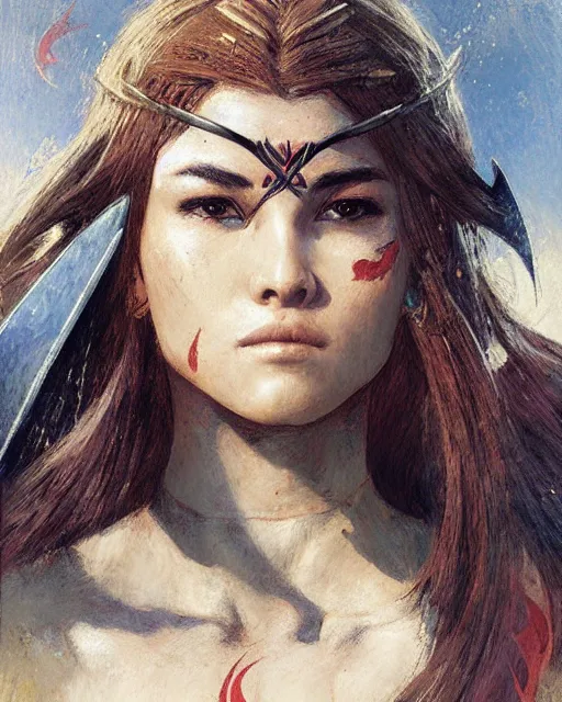 Image similar to a beautiful and strong female warrior by Ross Tran and Jules Bastien-Lepage and Laura Sava