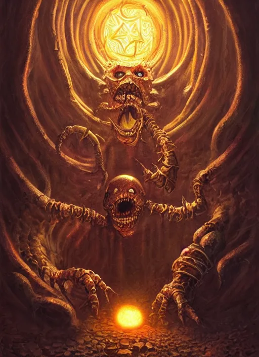 Prompt: beholder from dungeons & dragons ponders it's next victim in a dank catacomb, cosmic horror painting, elegant intricate digital painting artstation concept art by mark brooks and brad kunkle detailed