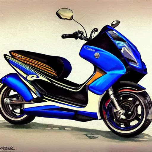 Image similar to painting of tuned blue yamaha aerox 7 5 ccm, race style, custom scooter, in the style of artgerm