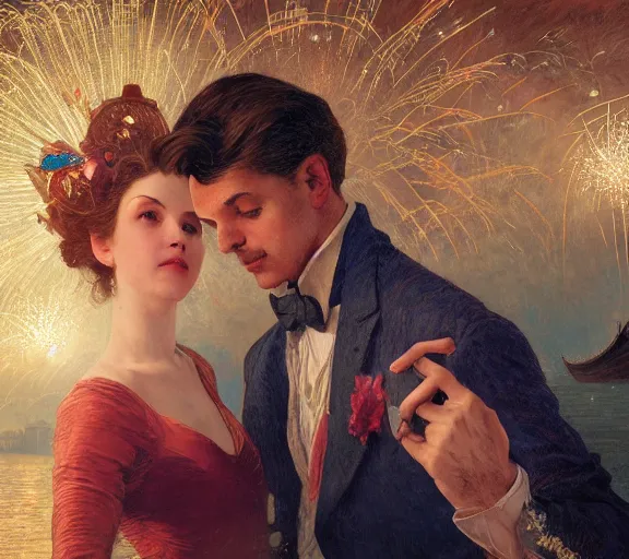 Image similar to photography of a 1 8 th couple in venice with fireworks, deep focus, intricate, elegant, highly detailed, digital painting, artstation, concept art, matte, sharp focus, illustration, art by artgerm and greg rutkowski and alphonse mucha and gil elvgren