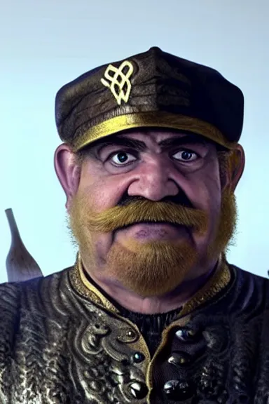 Prompt: very very intricate photorealistic photo of wario with a w on his hat in an episode of game of thrones, photo is in focus with detailed atmospheric lighting, award - winning details