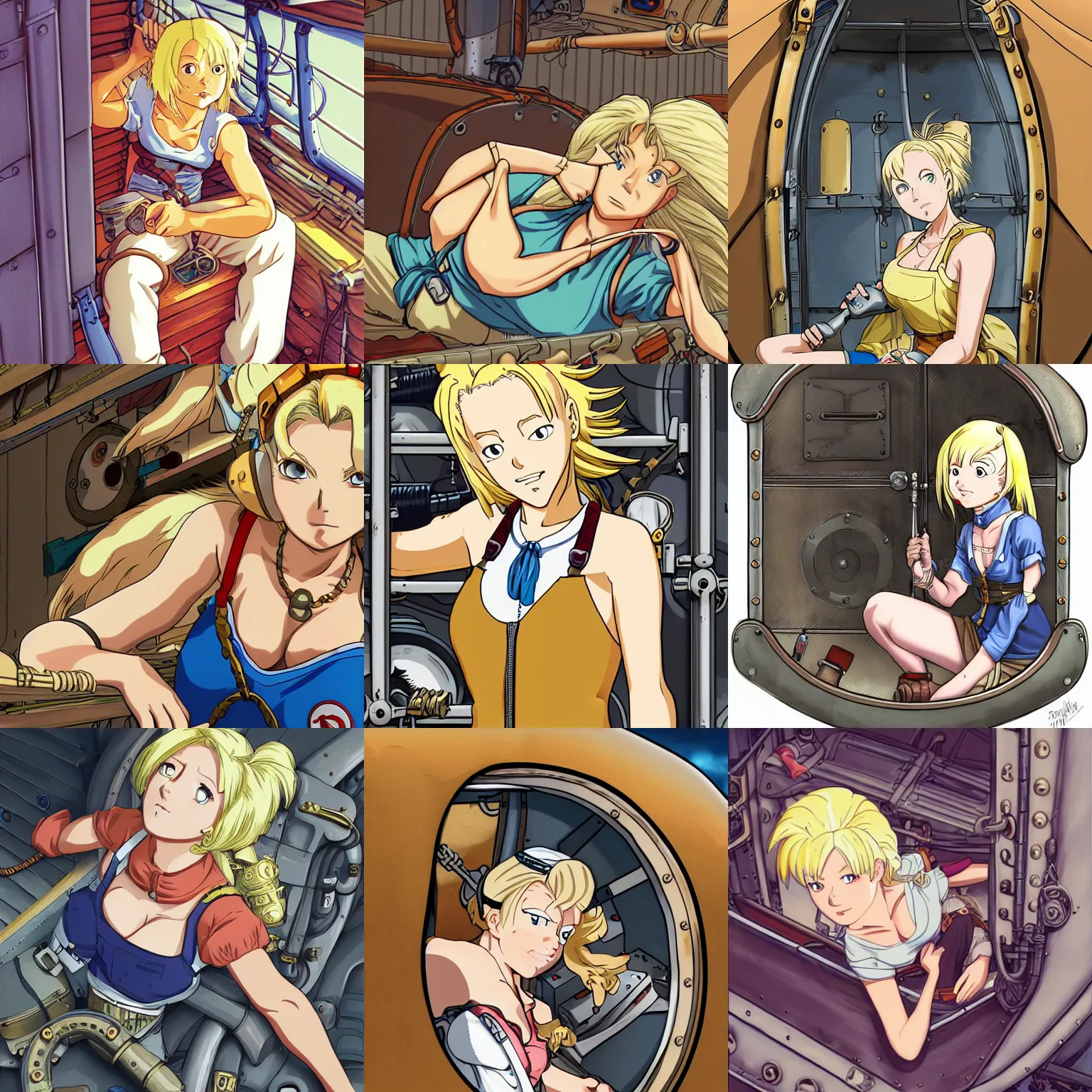 Prompt: Character portrait of a tank top-clad blonde female airship mechanic resting in her cramped bunk, steampunk, beautiful face, striking eyes, highly detailed, digital art, cel shading, anime still, by Hayao Miyazaki and Akira Toriyama