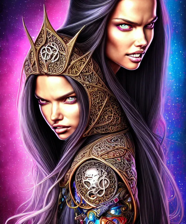 Image similar to Portrait of Adriana Lima , D&D, fantasy, intricate, richly detailed colored pencil 3D illustration of a beautiful with long metallic hair wearing a hoodie and short shorts that is evil and happy. mirrored background with completely rendered reflections, art by Range Murata and Artgerm highly detailed, digital painting, trending on artstation, sharp focus, illustration, style of Stanley Artgerm, perfect smile and tooth