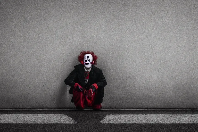 Prompt: photo of a clown staring at a distant crowd, isolated, depressing, moody, nostalgic, dramatic, 8 k uhd