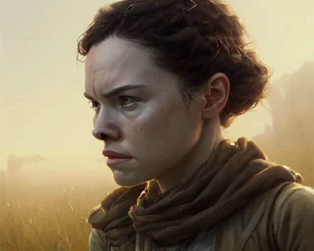 Image similar to highly detailed portrait of daisy ridley, in the walking dead, stephen bliss, unreal engine, fantasy art by greg rutkowski, loish, rhads, ferdinand knab, makoto shinkai and lois van baarle, ilya kuvshinov, rossdraws, tom bagshaw, global illumination, radiant light, detailed and intricate environment