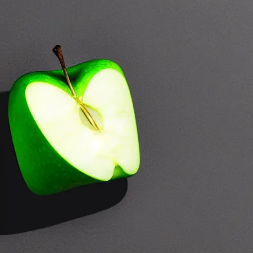 Prompt: studio shot of green apple shaped like a cube, isometric perspective, green background