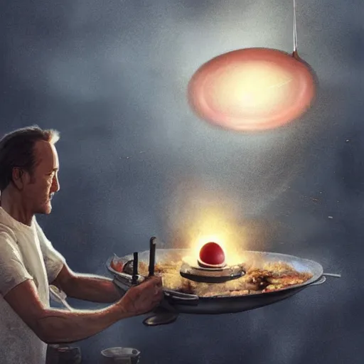 Image similar to a large egg frying in a pan with edward norton's face emerging from the yolk, concept art by greg rutkowski