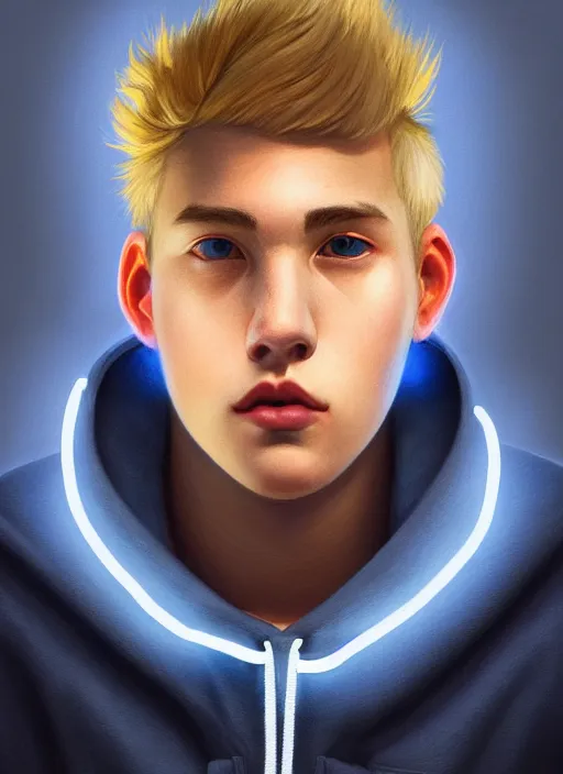 Image similar to portrait of high school senior boy named big moose, blonde short hair, jock, beefy, wide face, square jaw, square facial structure, blue varsity jacket with letter r, intricate, elegant, glowing lights, highly detailed, digital painting, artstation, concept art, sharp focus, illustration, art by wlop, mars ravelo and greg rutkowski