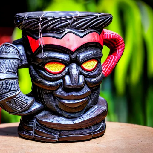 Image similar to a closeup photorealistic capture of glossy spider man style tiki mug at an outdoor trader vic's bar featuring the face of spider man. tiki theme. bright scene. fine detail. this 4 k hd image is trending on artstation, featured on behance, well - rendered, extra crisp, features intricate detail, epic composition and the style of unreal engine.