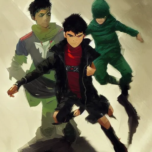 Prompt: a 14 year old teenage boy with spiky black hair and green eyes. Robin. Tim Drake. Damian Wayne. Dc comics. Kuvshinov ilya. Repin. By Craig Mullins