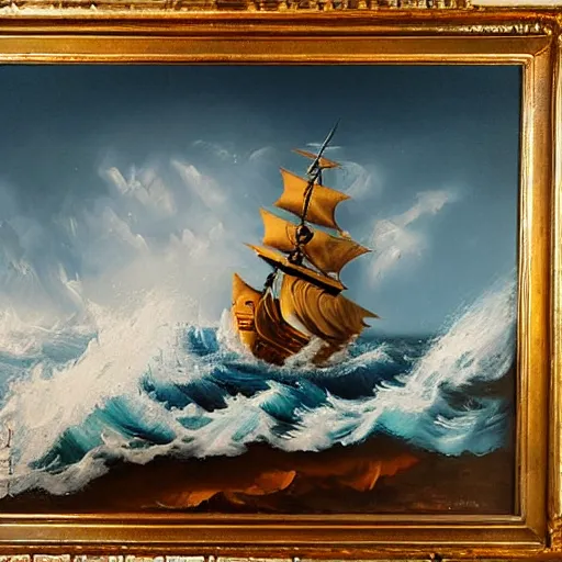 Image similar to pirate ship at sea, rolling waves, masterful oil painting